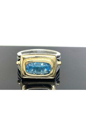 John Atencio Blue Topaz 18k Yellow Gold Sterling Silver Statement Ring Size 7.5